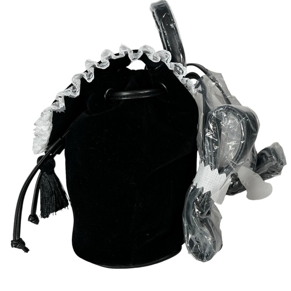 Dolls Kill Black Velvet Backpack White Embroidered Cross Drawstring Flap Bag - Picture 6 of 16